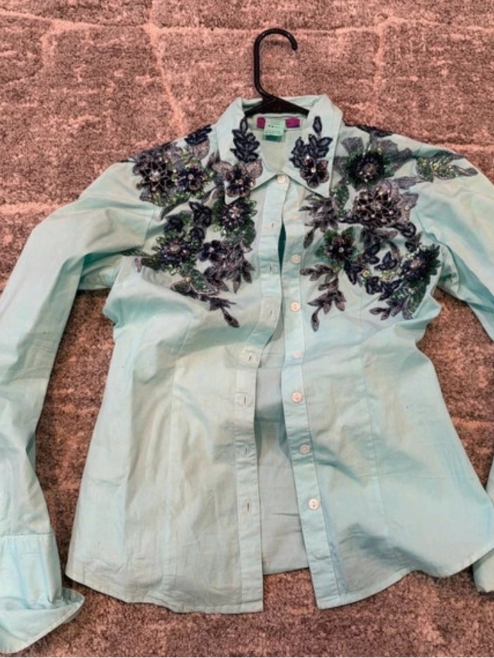 Embellished Light Aqua Women's Button-Down Shirt with Floral Appliqué
